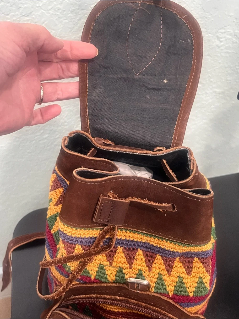 Handcrafted Multicolor Knit & Brown Suede and Leather Women's Small Backpack